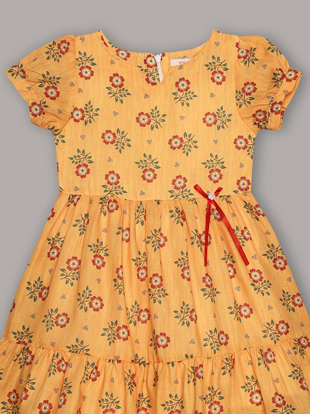 Minimaio Cotton Woven Lenten Sleeves Floral Printed Dress - Mustard