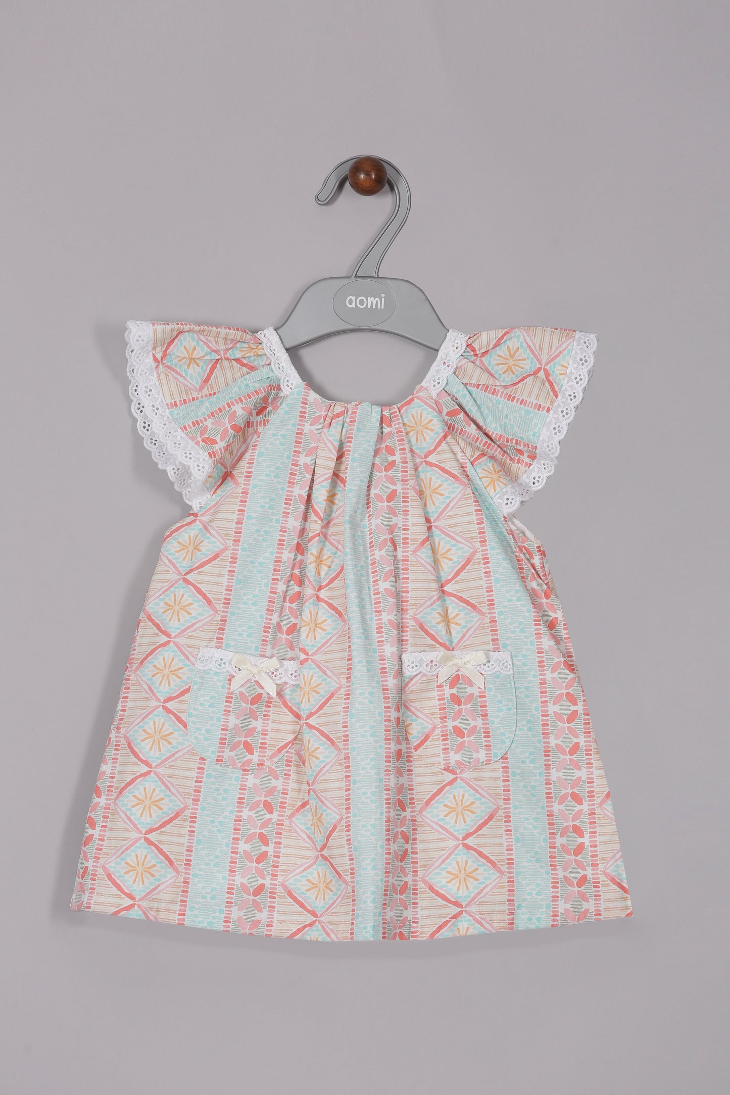 Aomi cotton blend Printed Flutter Sleeve With Lace Trim & Bow Pockets Dress - Red