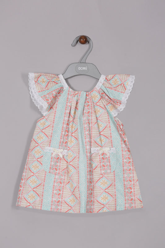 Aomi cotton blend Printed Flutter Sleeve With Lace Trim & Bow Pockets Dress - Red