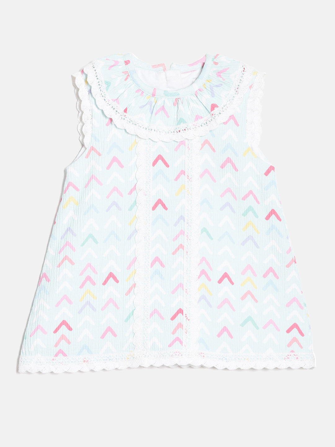 Aomi Blended Poly Cotton Multicolor Chevron Print Sleeveless With Lace Detail Dress - Mint