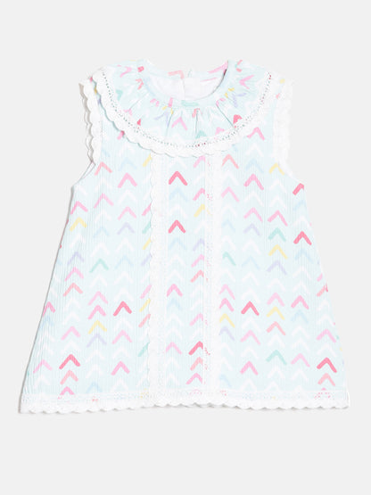 Aomi Blended Poly Cotton Multicolor Chevron Print Sleeveless With Lace Detail Dress - Mint