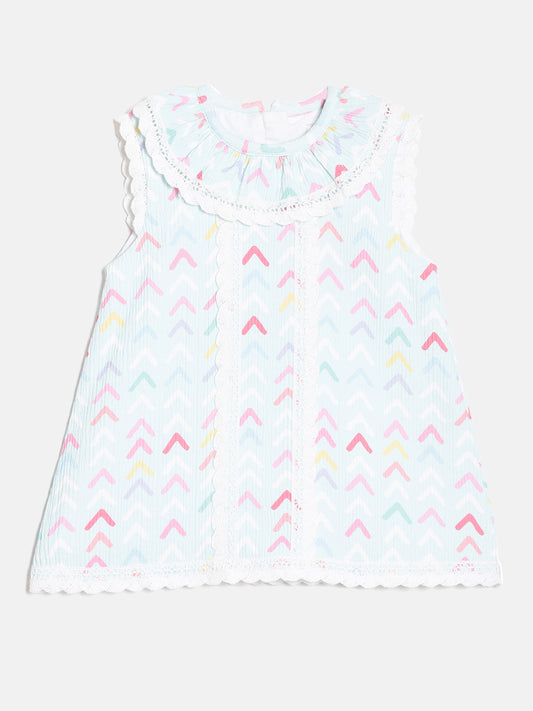 Aomi Blended Poly Cotton Multicolor Chevron Print Sleeveless With Lace Detail Dress - Mint