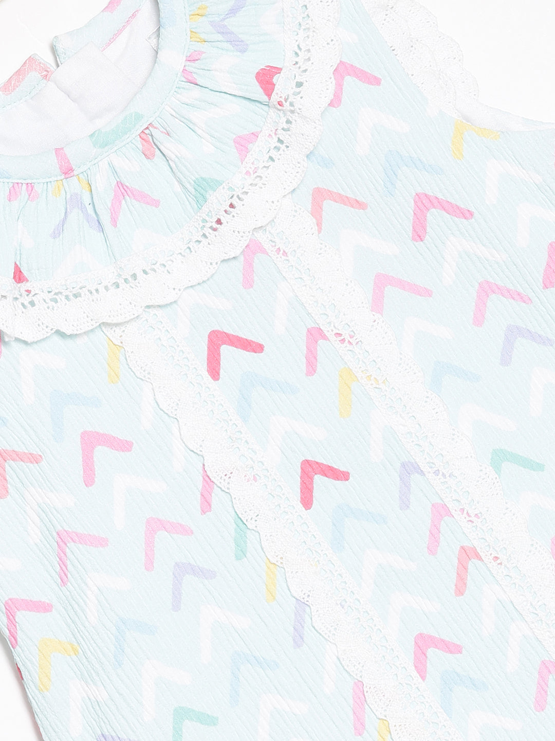 Aomi Blended Poly Cotton Multicolor Chevron Print Sleeveless With Lace Detail Dress - Mint