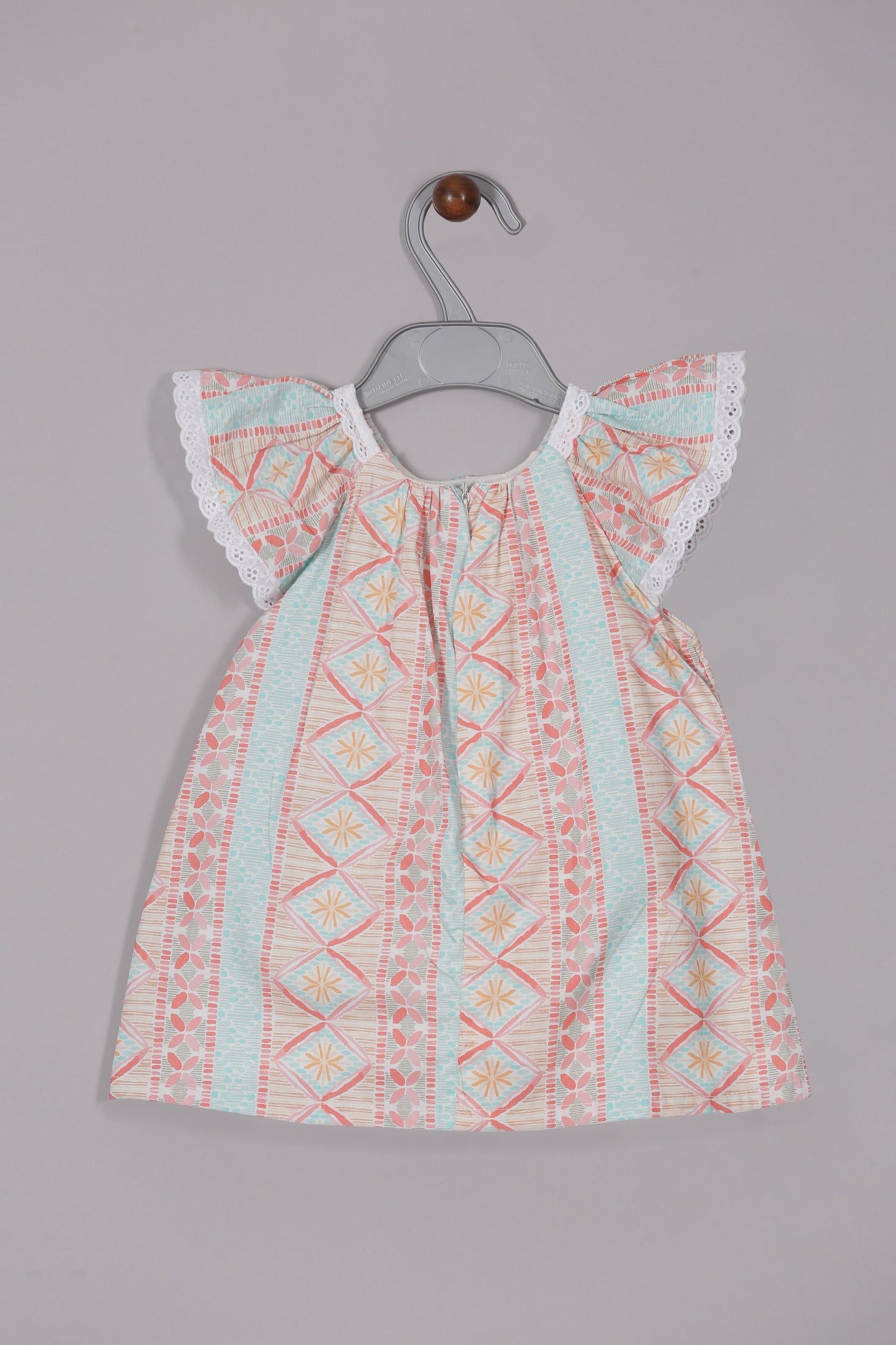 Aomi cotton blend Printed Flutter Sleeve With Lace Trim & Bow Pockets Dress - Red