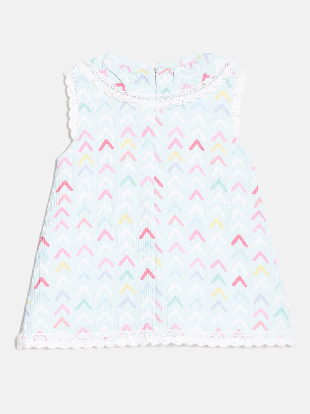 Aomi Blended Poly Cotton Multicolor Chevron Print Sleeveless With Lace Detail Dress - Mint