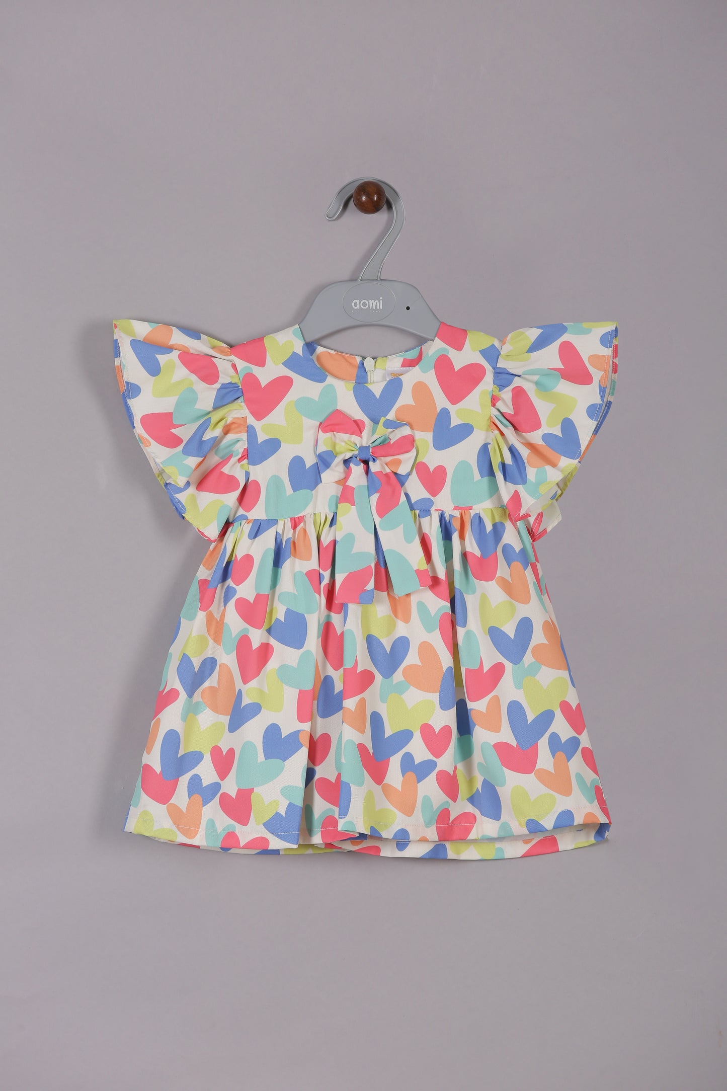 Aomi Blended Poly Cotton Multicolor Heart Print Flutter Sleeve With BowDress - Red