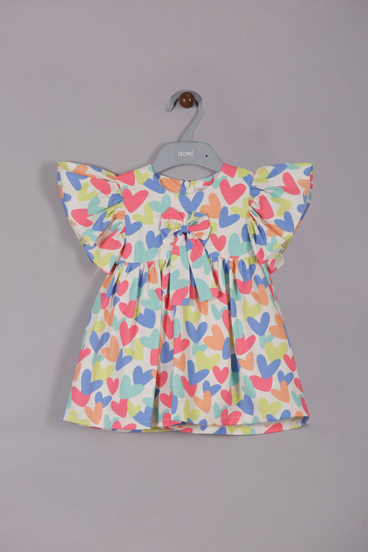 Aomi Blended Poly Cotton Multicolor Heart Print Flutter Sleeve With BowDress - Red