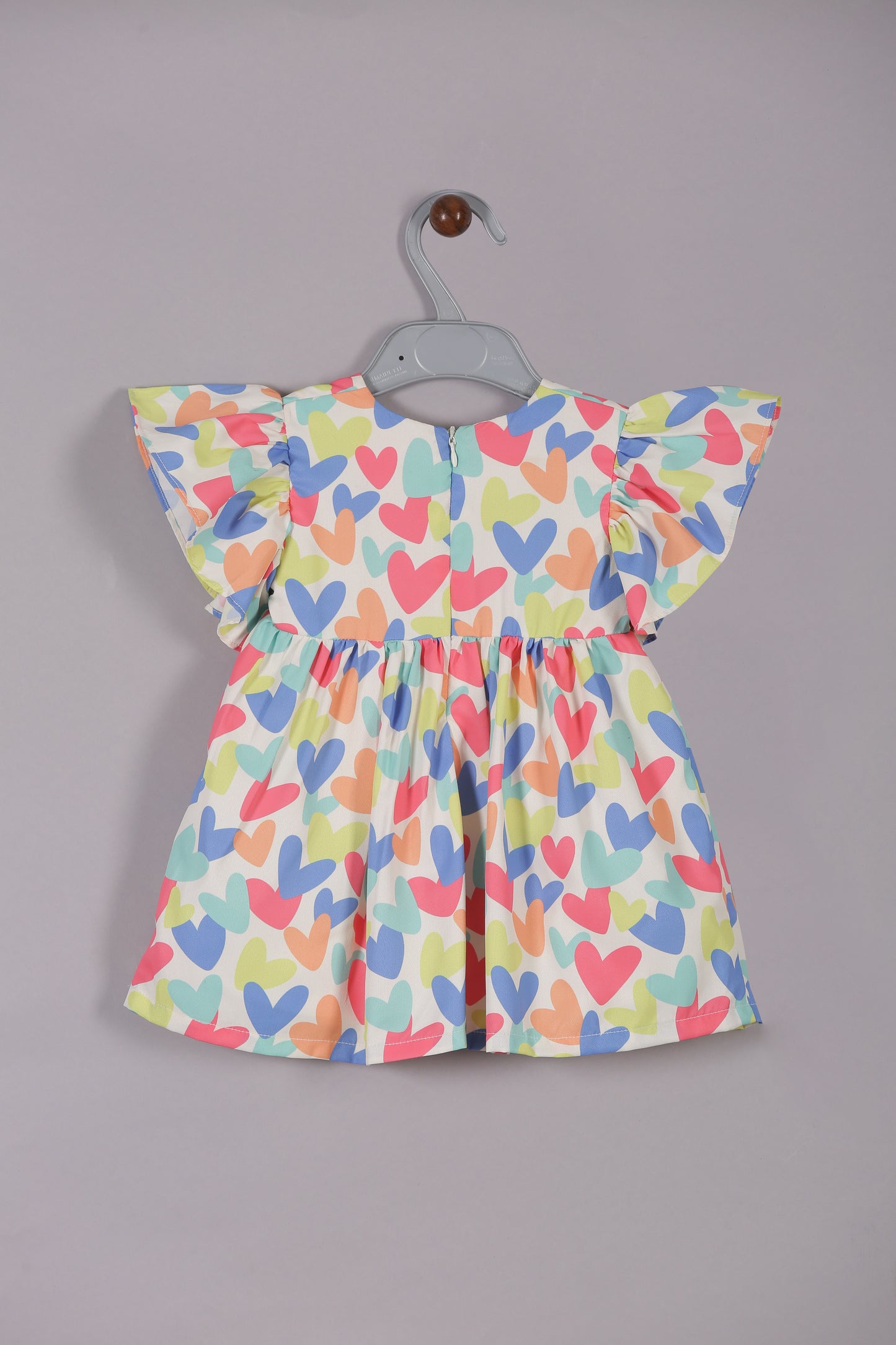 Aomi Blended Poly Cotton Multicolor Heart Print Flutter Sleeve With BowDress - Red