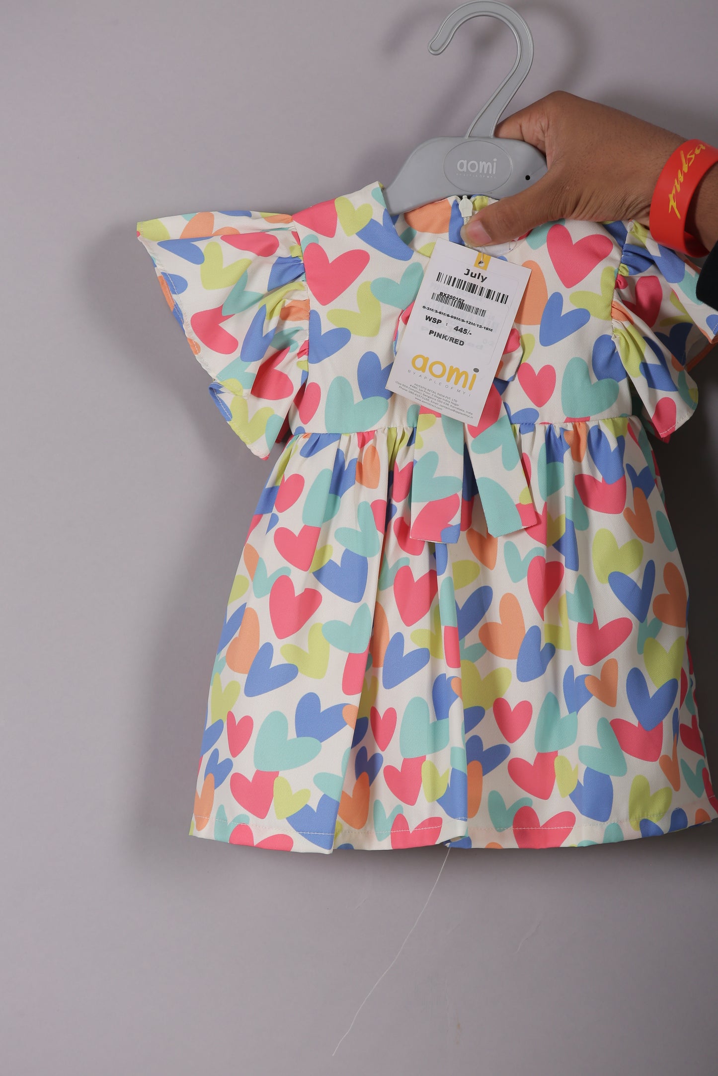 Aomi Blended Poly Cotton Multicolor Heart Print Flutter Sleeve With BowDress - Red