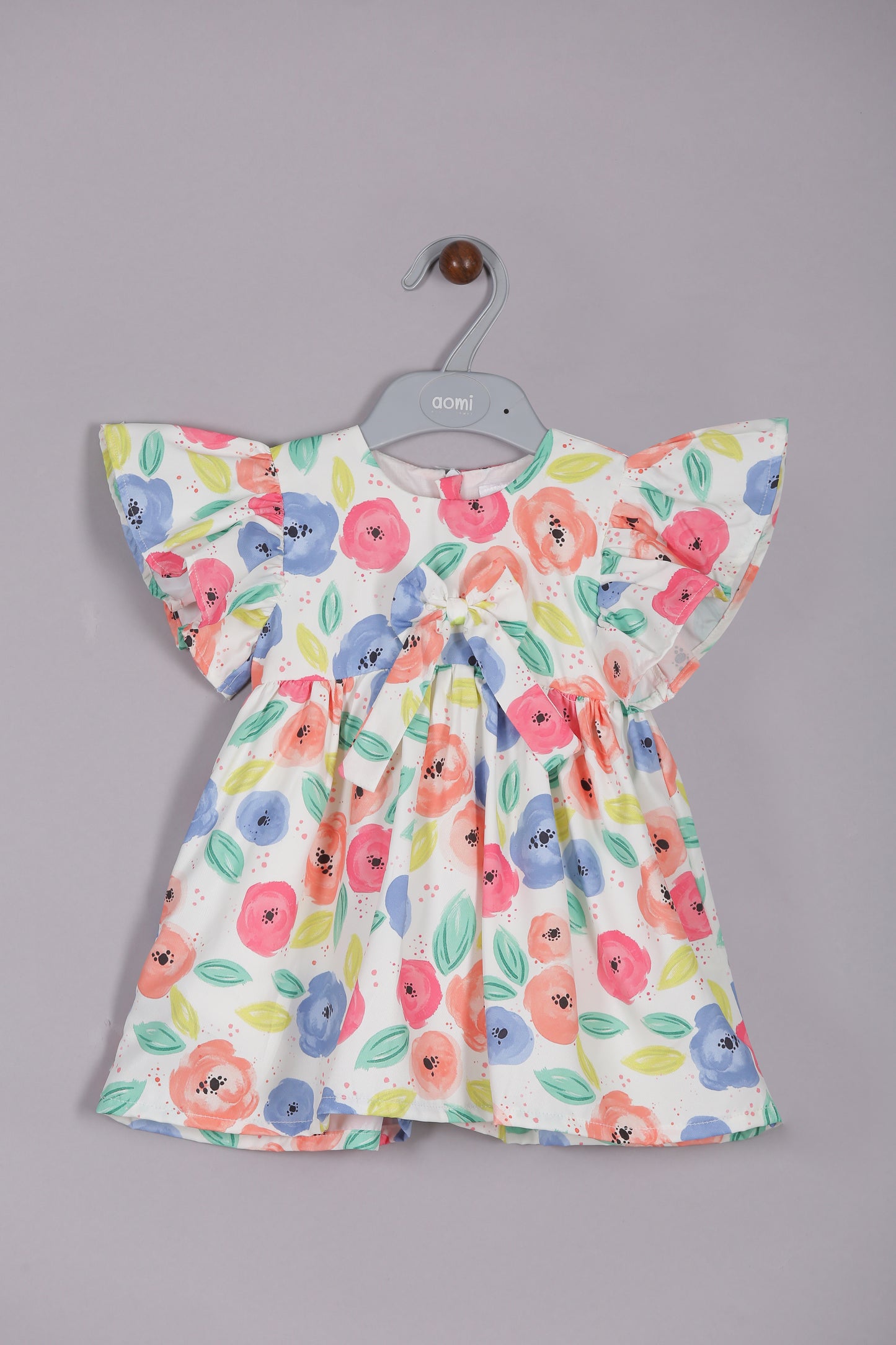 Aomi Blended Poly Cotton Multicolor Flower Print Flutter Sleeve With BowDress - Orange