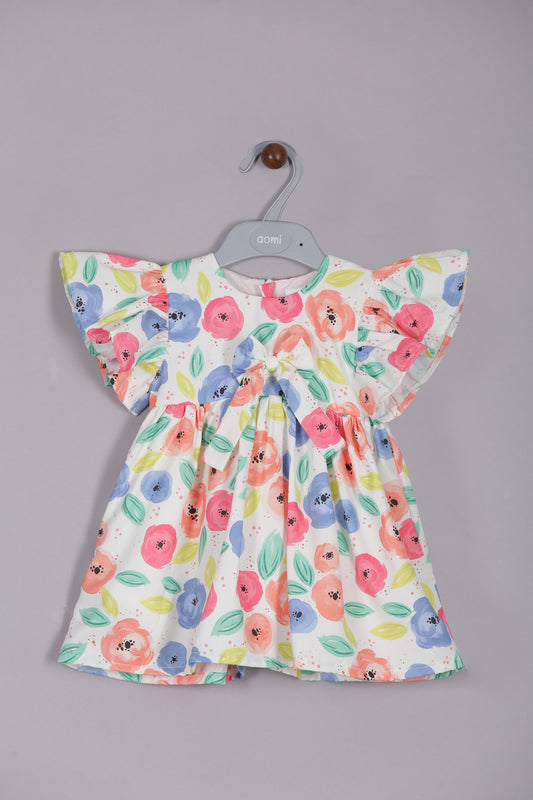 Aomi Blended Poly Cotton Multicolor Flower Print Flutter Sleeve With BowDress - Orange