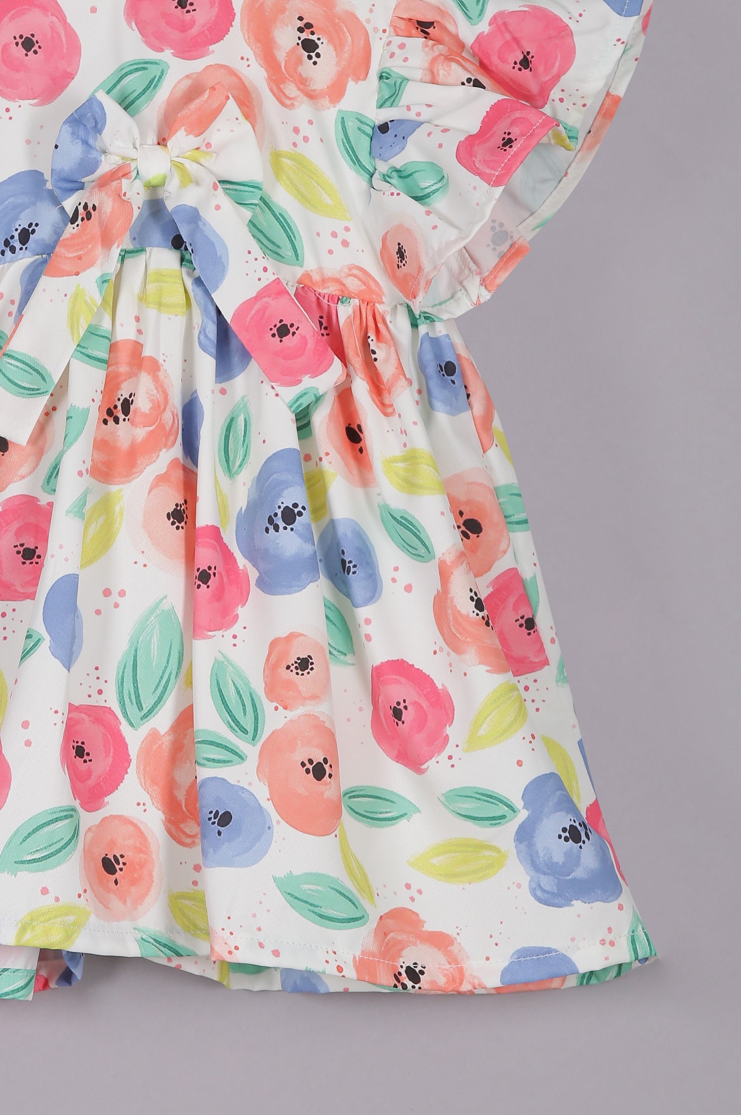 Aomi Blended Poly Cotton Multicolor Flower Print Flutter Sleeve With BowDress - Orange