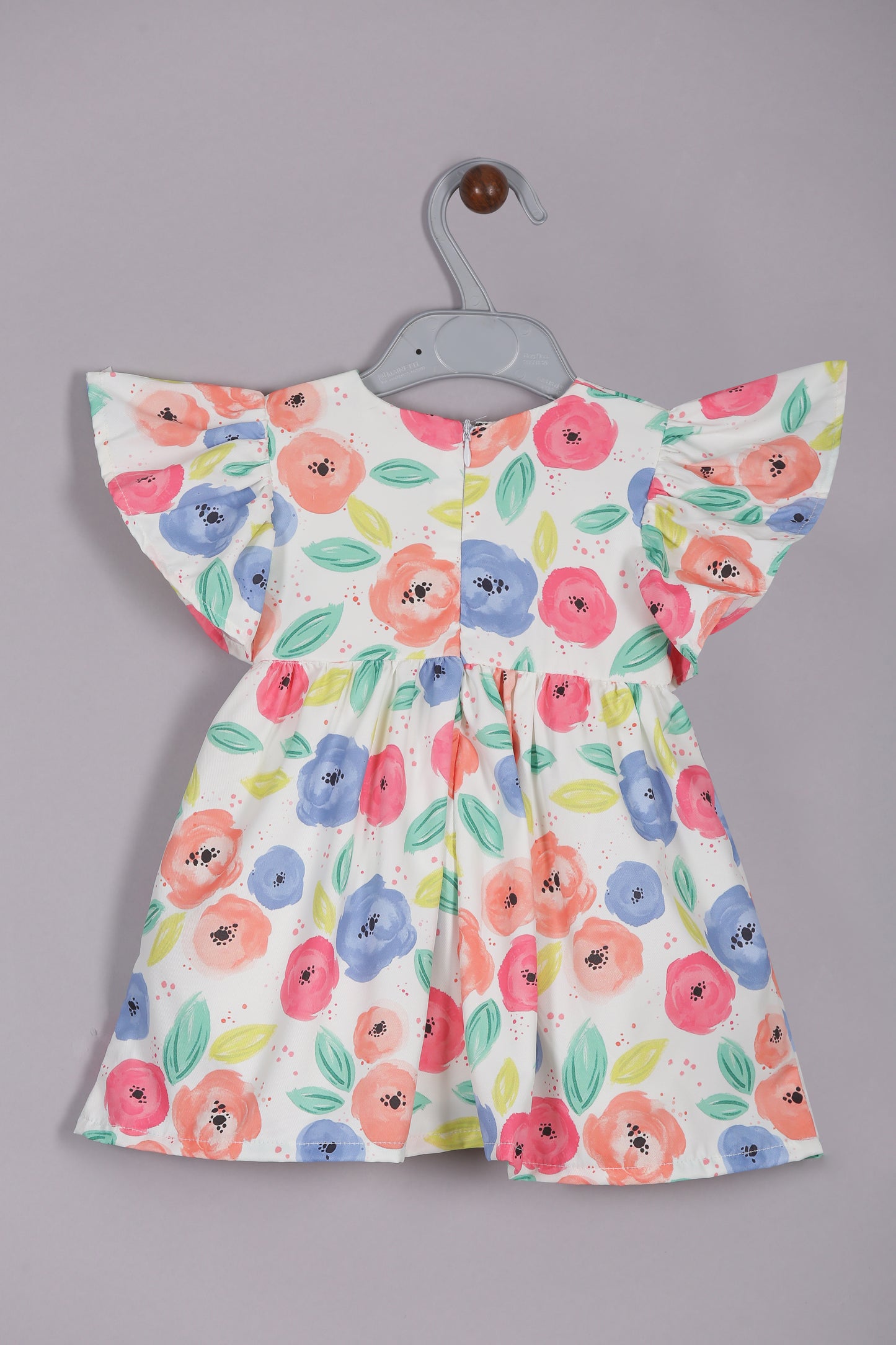 Aomi Blended Poly Cotton Multicolor Flower Print Flutter Sleeve With BowDress - Orange