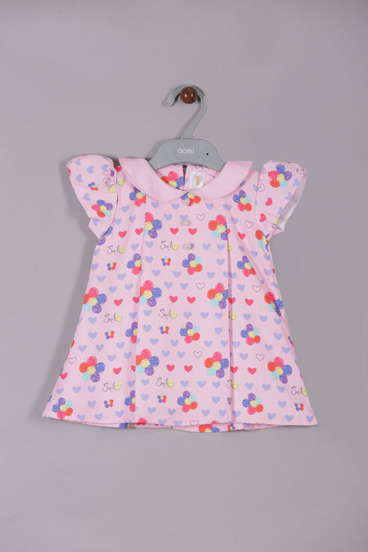 Aomi Blended Poly Cotton Floral & Heart Print With Peter Pan Collar Dress - Pink