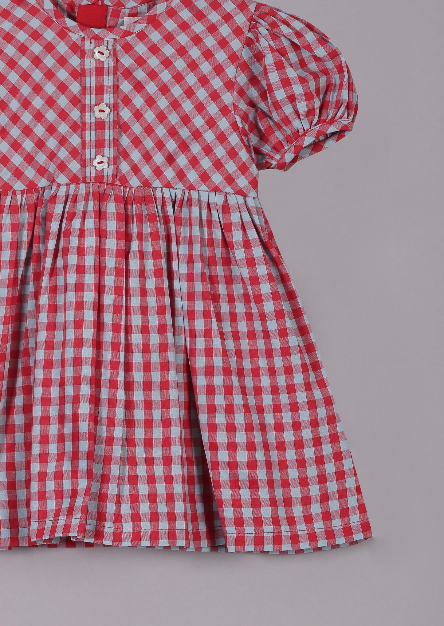 Aomi cotton poly Poly Cotton Gingham Check Puff Sleeve With Front Buttons Dress - Red
