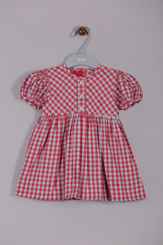 Aomi cotton poly Poly Cotton Gingham Check Puff Sleeve With Front Buttons Dress - Red