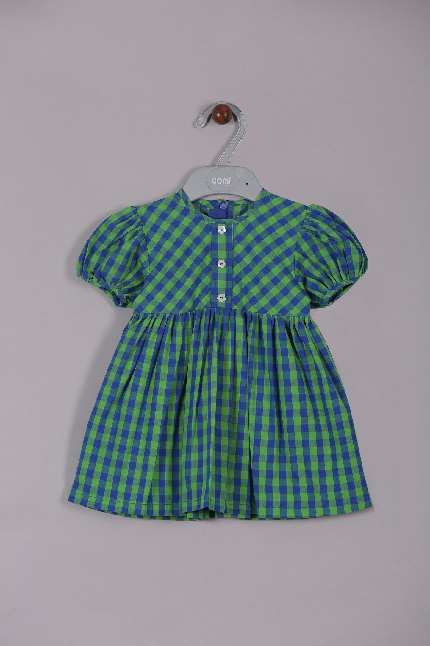 Aomi cotton poly Poly Cotton Gingham Check Puff Sleeve With Front Buttons Dress - Green