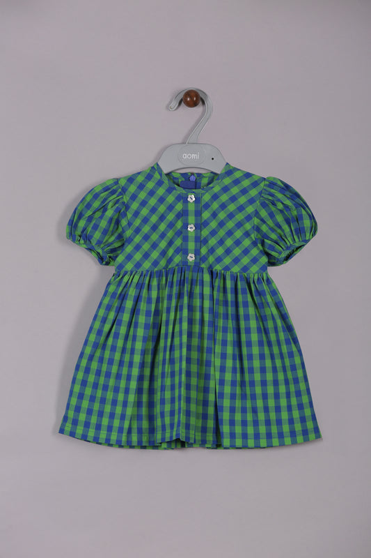 Aomi cotton poly Poly Cotton Gingham Check Puff Sleeve With Front Buttons Dress - Green