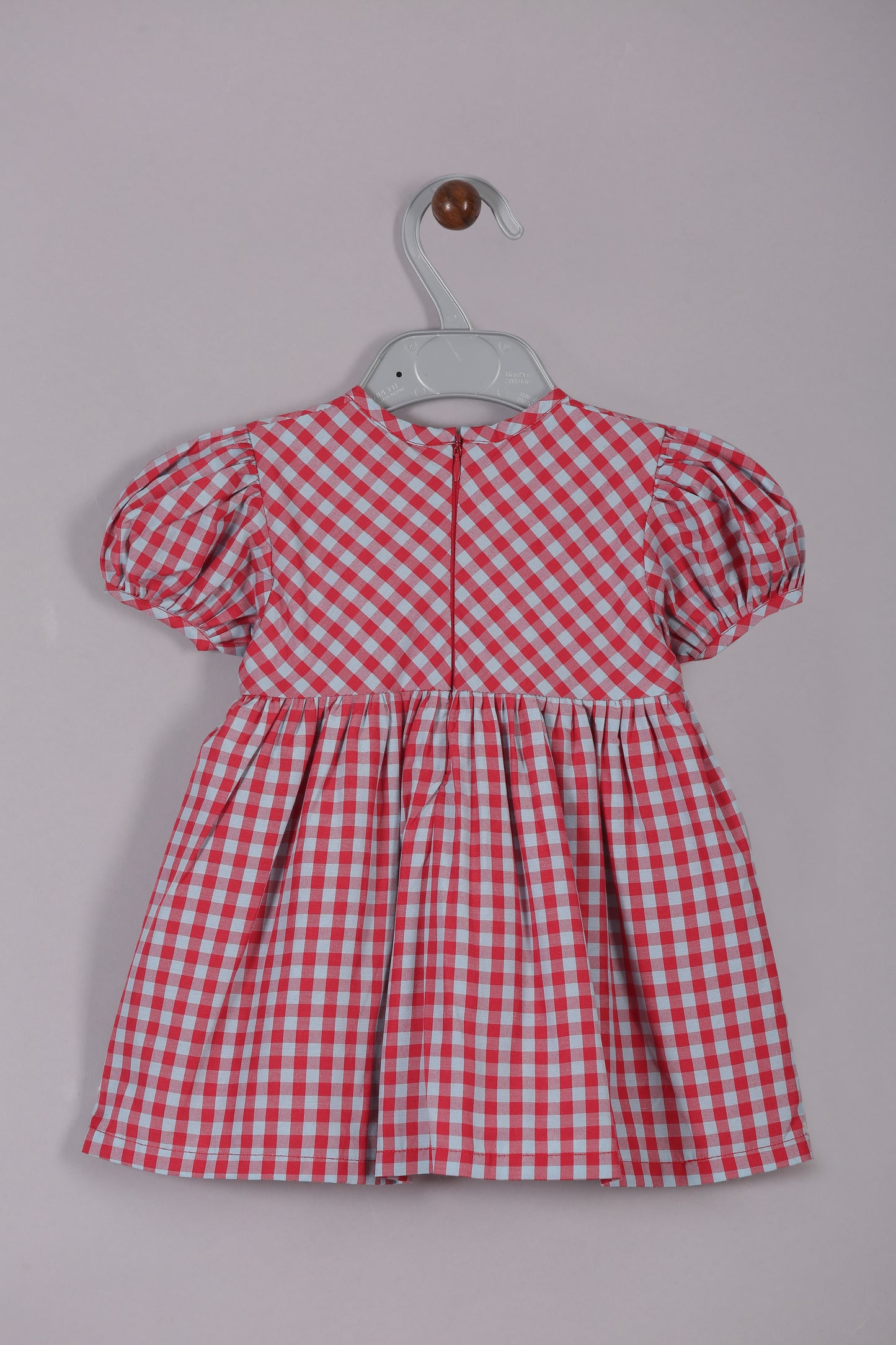 Aomi cotton poly Poly Cotton Gingham Check Puff Sleeve With Front Buttons Dress - Red