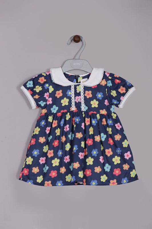 Aomi cotton mixes Poly Cotton Floral Printed Peter Pan Collar With Short Sleeves Dress - Navy