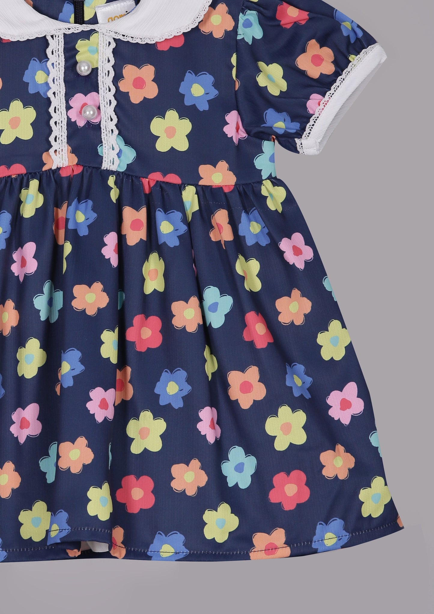 Aomi cotton mixes Poly Cotton Floral Printed Peter Pan Collar With Short Sleeves Dress - Navy