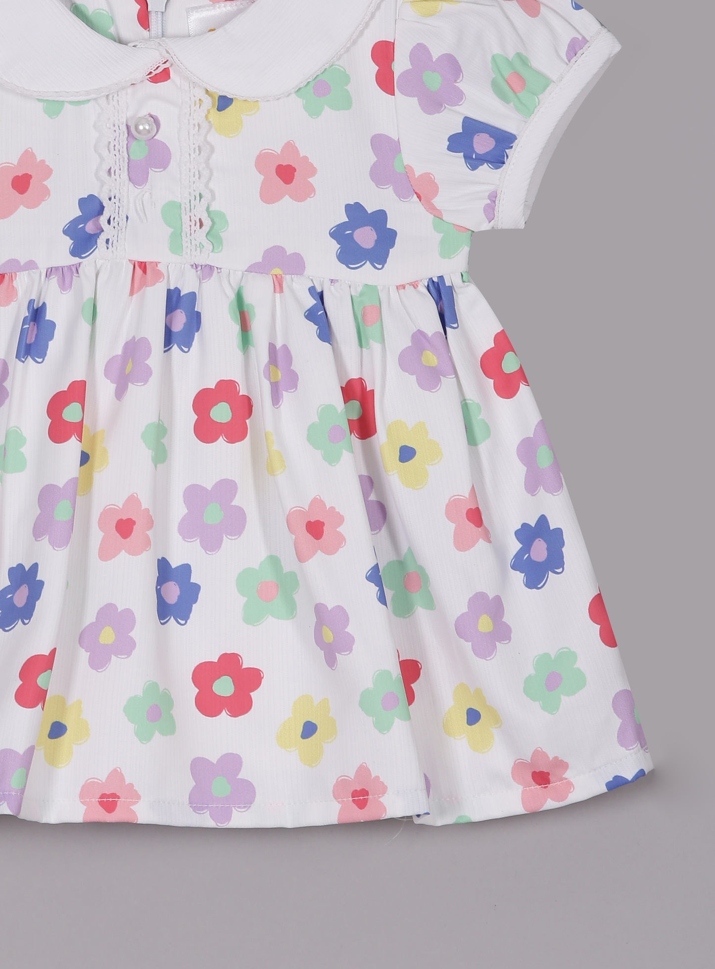 Aomi cotton mixes Poly Cotton Floral Printed Peter Pan Collar With Short Sleeves Dress - White