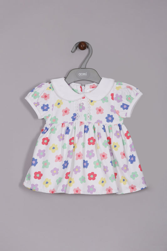 Aomi cotton mixes Poly Cotton Floral Printed Peter Pan Collar With Short Sleeves Dress - White
