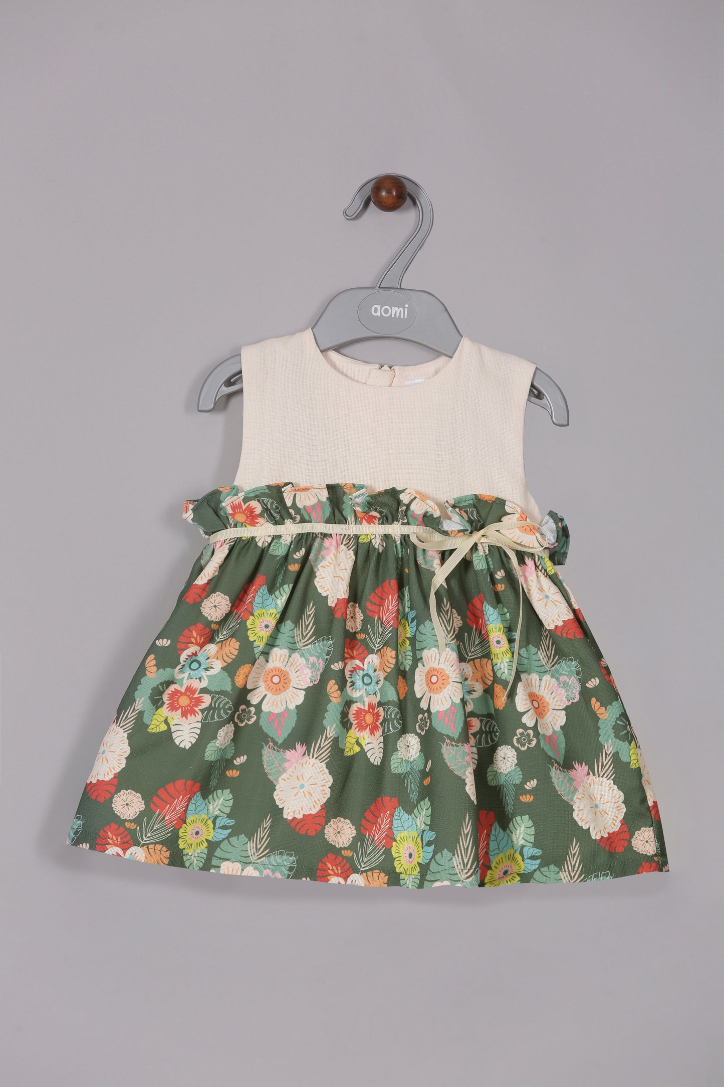 Aomi jute Poly Cotton Floral Printed Sleeveless With Waist Bow Dress - Green