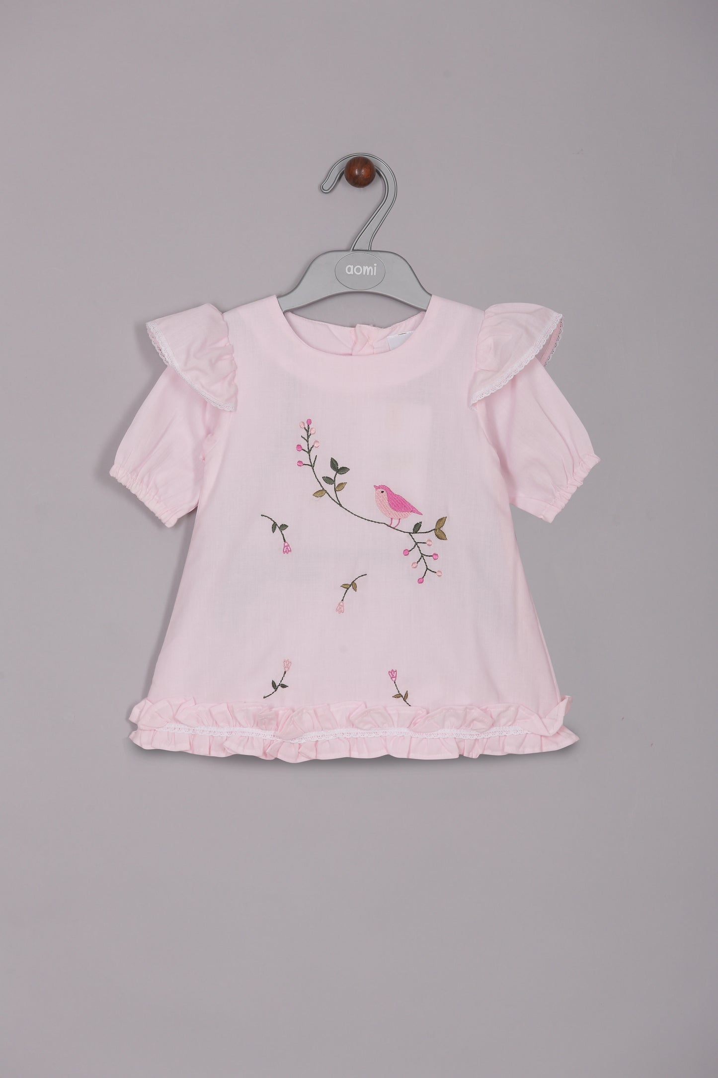 Aomi Cotton Poly Cotton Embroidered Puff Sleeve With Ruffle Hem Dress - Pink