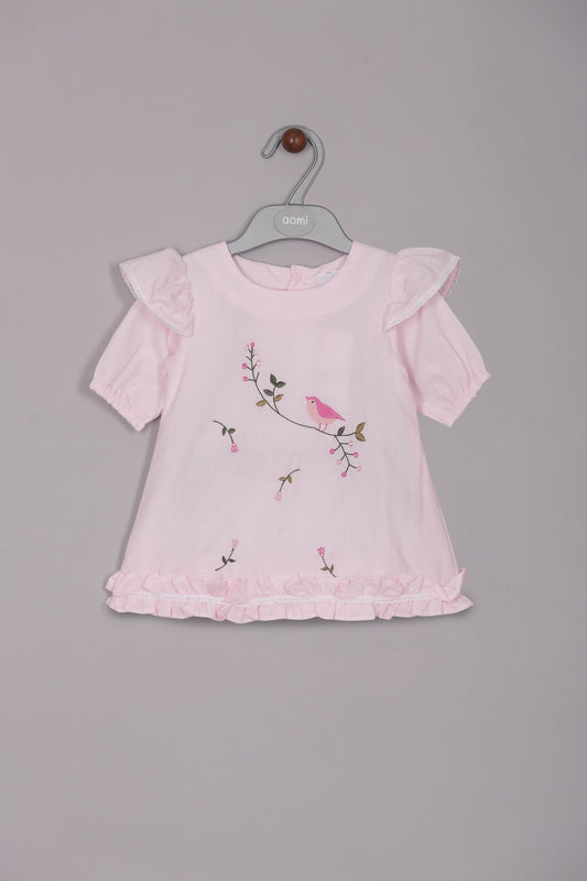 Aomi Cotton Poly Cotton Embroidered Puff Sleeve With Ruffle Hem Dress - Pink