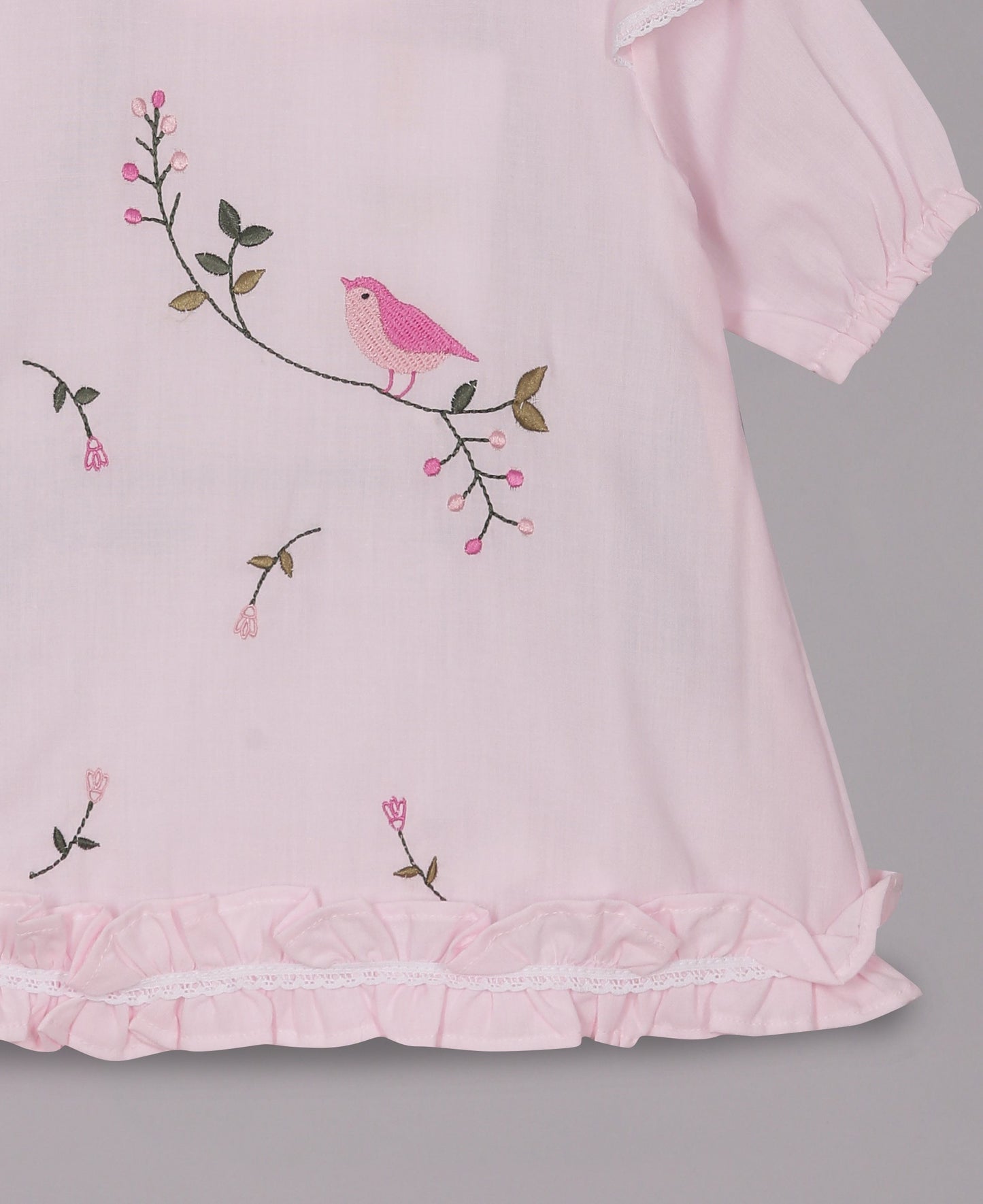 Aomi Cotton Poly Cotton Embroidered Puff Sleeve With Ruffle Hem Dress - Pink