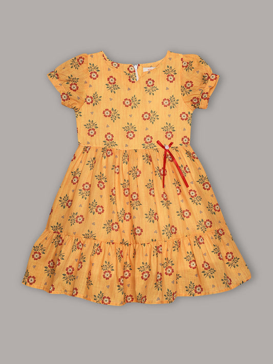 Minimaio Cotton Woven Lenten Sleeves Floral Printed Dress - Mustard