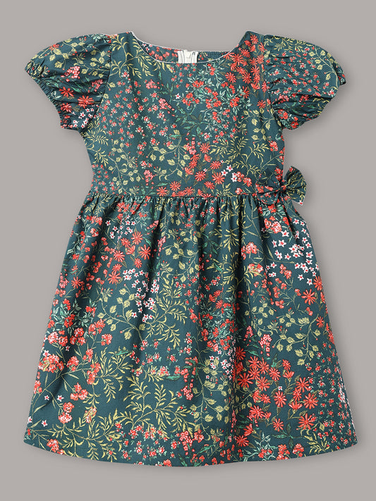 Minimaio Cotton Woven Lenten Sleeves Floral Printed Dress -  Green