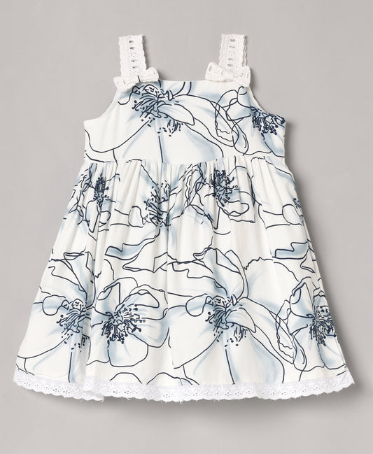Aomi cotton Floral Printed Sleeveless With Lace Strap Bow Detail & Cotton Lining Dress - Blue