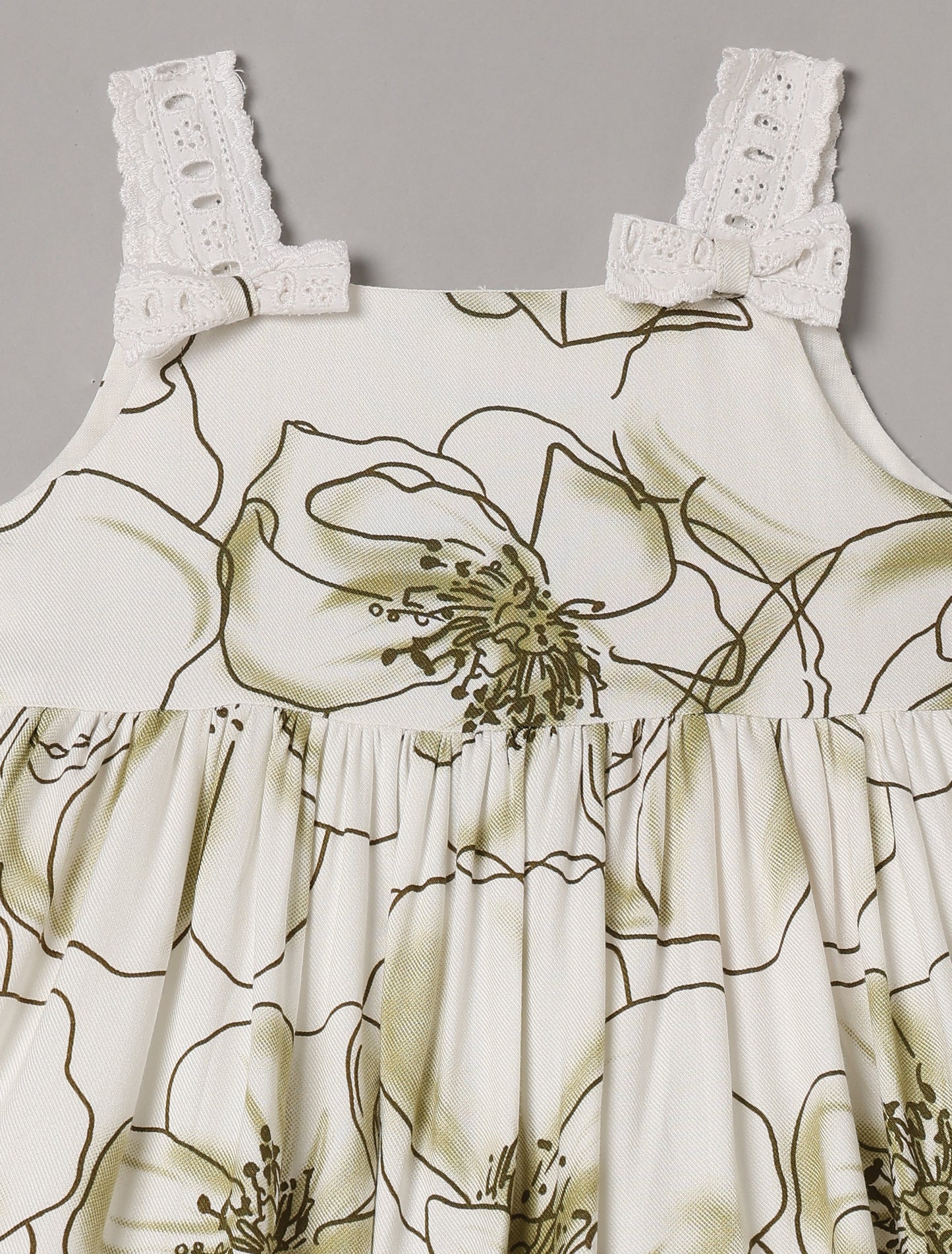 Aomi cotton Floral Printed Sleeveless With Lace Strap Bow Detail & Cotton Lining Dress - Green