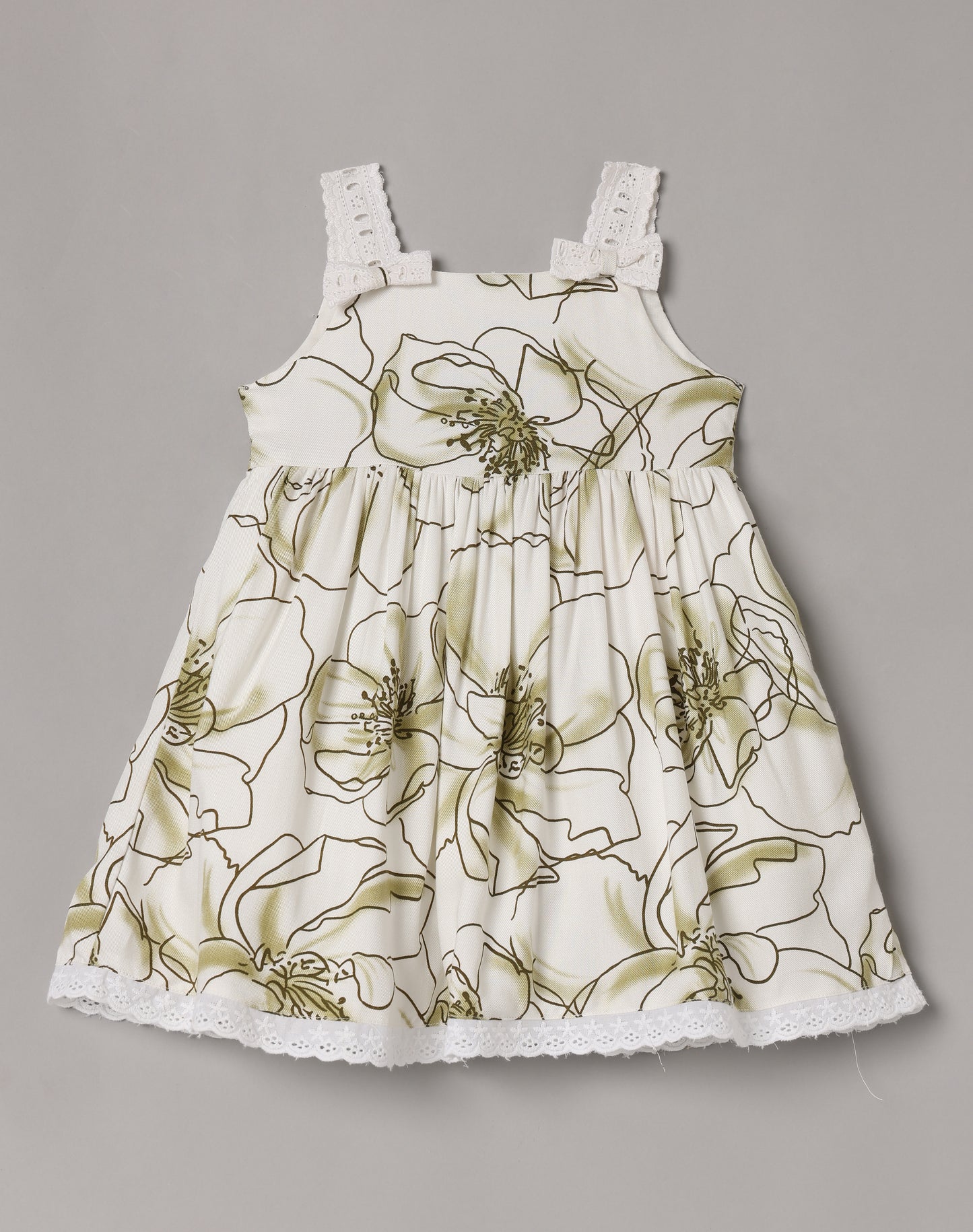 Aomi cotton Floral Printed Sleeveless With Lace Strap Bow Detail & Cotton Lining Dress - Green