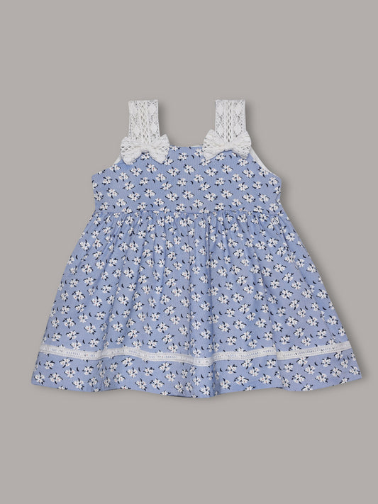 Aomi cotton Floral Printed Sleeveless With Lace Strap Bow Detail & Cotton Lining Dress - Blue