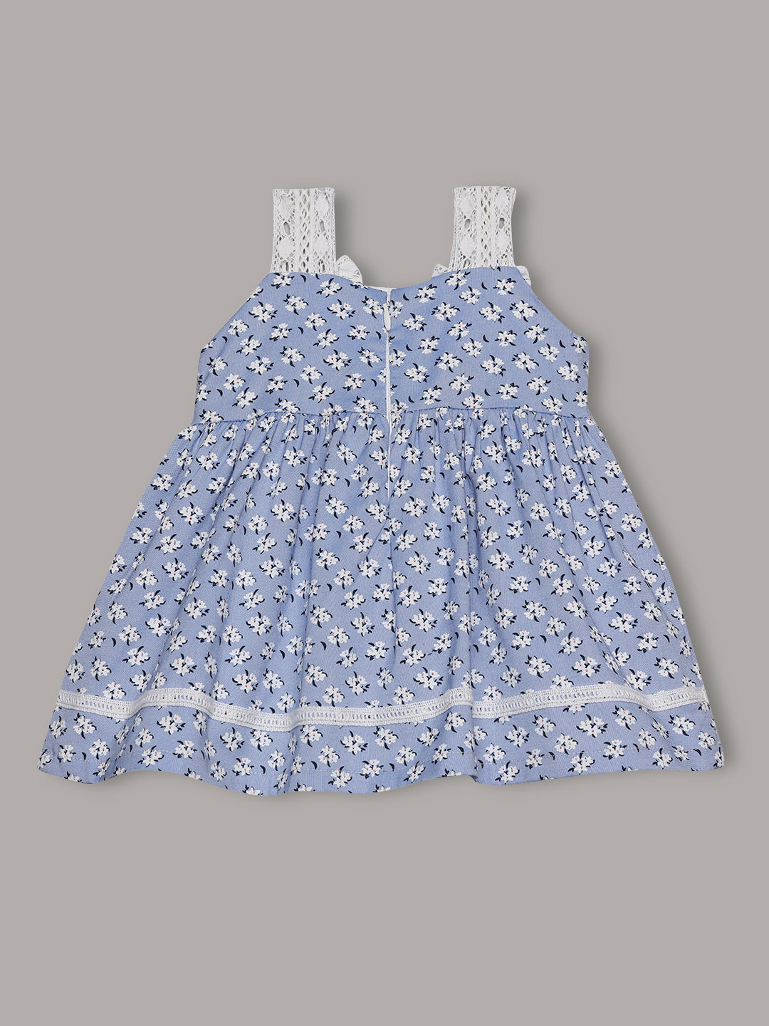Aomi cotton Floral Printed Sleeveless With Lace Strap Bow Detail & Cotton Lining Dress - Blue