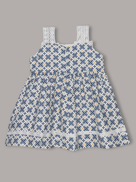 Aomi cotton Floral Printed Sleeveless With Lace Strap Bow Detail & Cotton Lining Dress - Cream