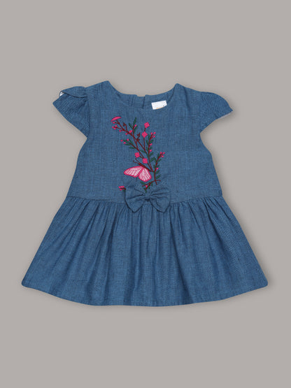 Aomi cotton Embroidered Floral Cap Sleeve With Bow Detail & Cotton Lining Dress - Blue