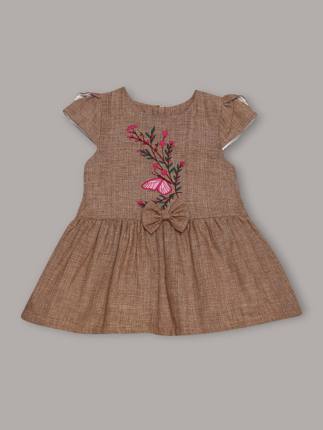 Aomi cotton Embroidered Floral Cap Sleeve With Bow Detail & Cotton Lining Dress - Sandle