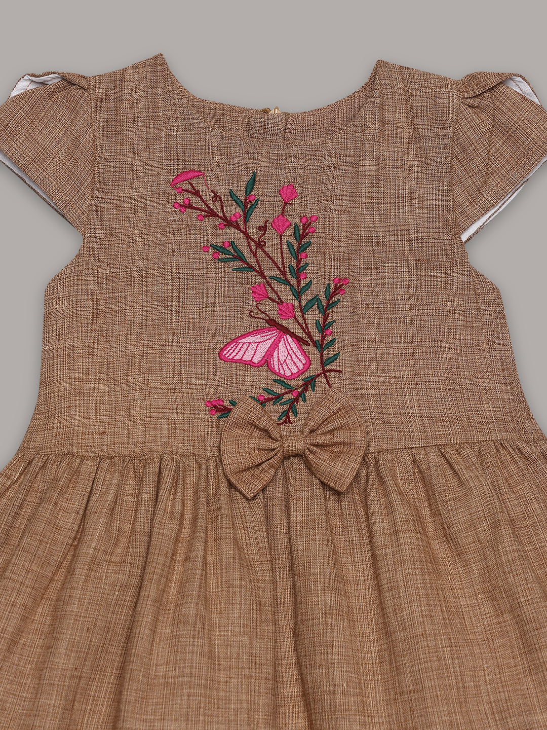 Aomi cotton Embroidered Floral Cap Sleeve With Bow Detail & Cotton Lining Dress - Sandle