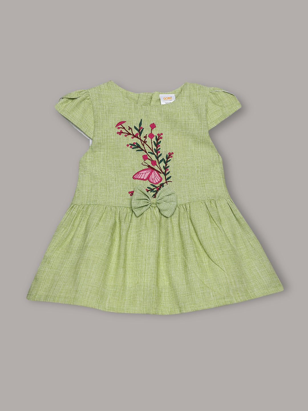 Aomi cotton Embroidered Floral Cap Sleeve With Bow Detail & Cotton Lining Dress - Green