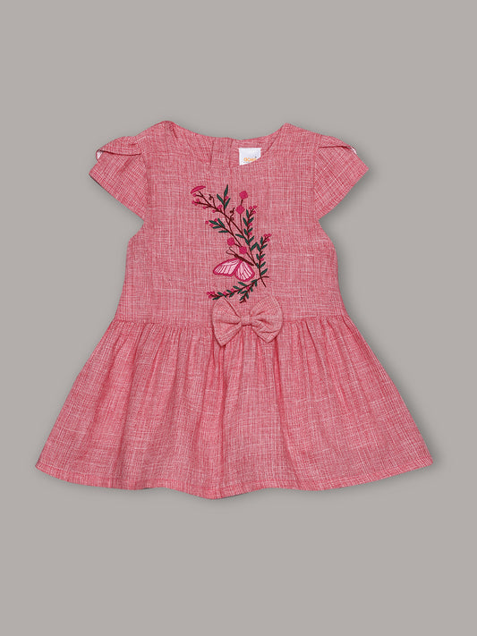 Aomi cotton Embroidered Floral Cap Sleeve With Bow Detail & Cotton Lining Dress - Pink