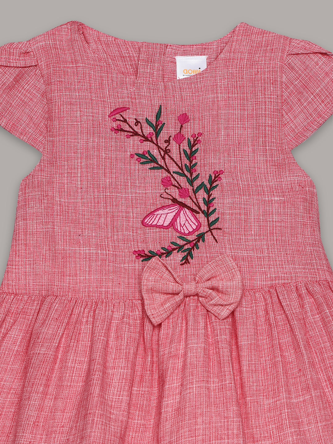 Aomi cotton Embroidered Floral Cap Sleeve With Bow Detail & Cotton Lining Dress - Pink