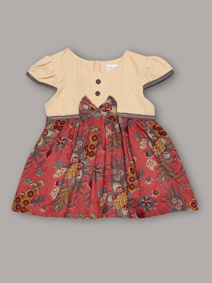 Aomi Cotton Floral Printed Cap Sleeve With Bow Detail, Button Accent & Cotton Lining Dress - Wine