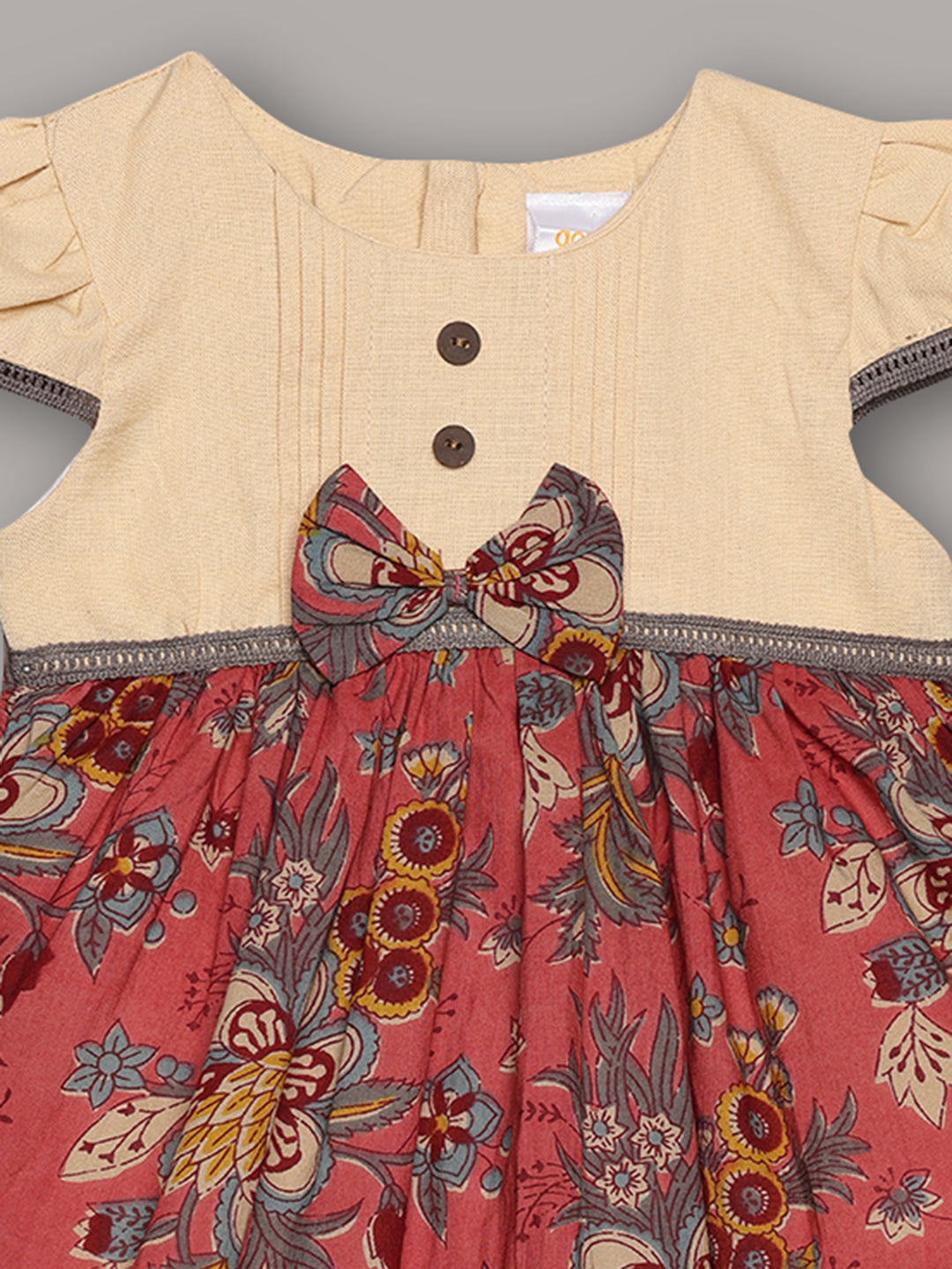 Aomi Cotton Floral Printed Cap Sleeve With Bow Detail, Button Accent & Cotton Lining Dress - Wine