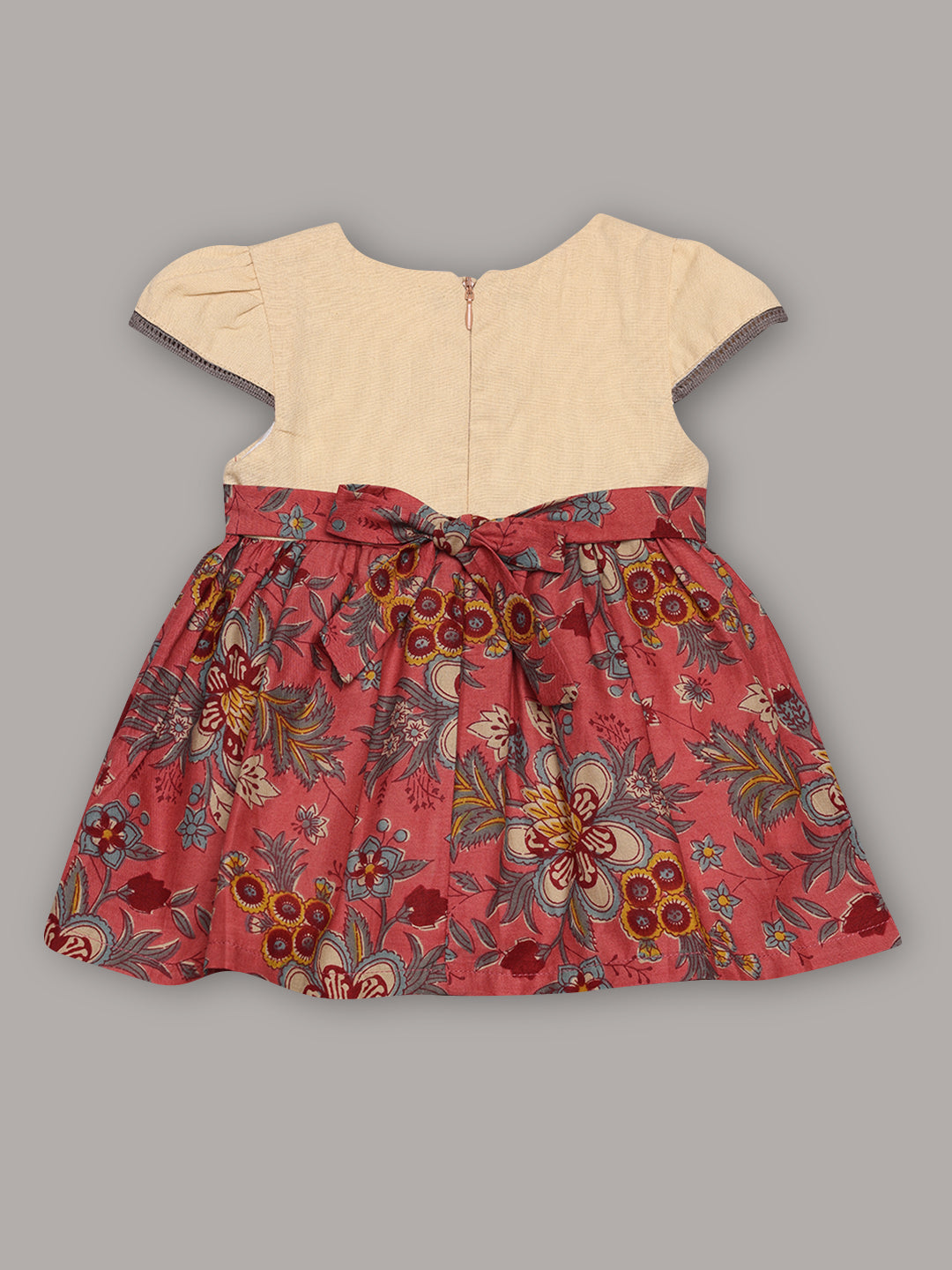Aomi Cotton Floral Printed Cap Sleeve With Bow Detail, Button Accent & Cotton Lining Dress - Wine
