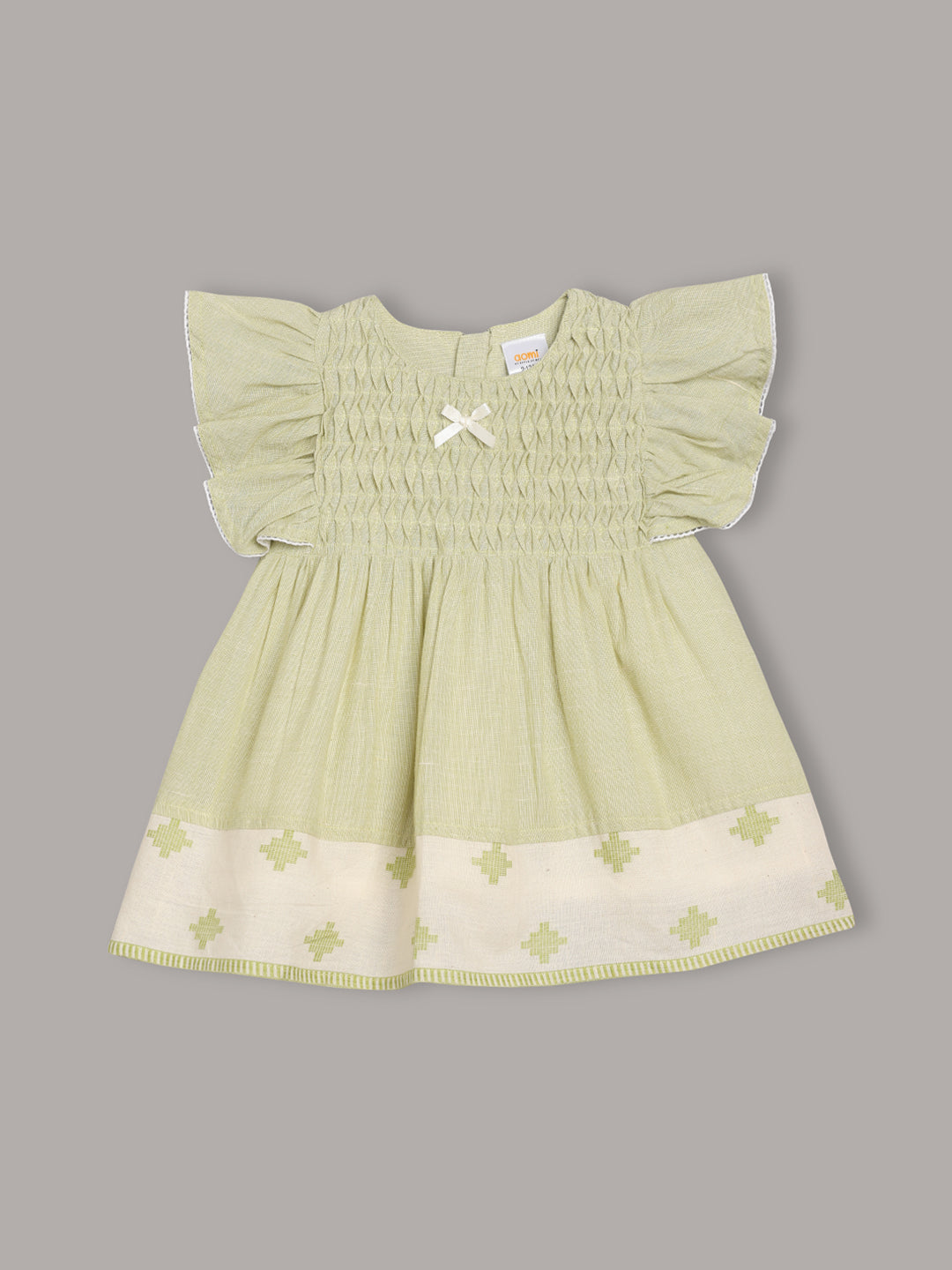 Aomi Cotton Smocked Flutter Sleeve With Bow Detail & Cotton Lining Dress - Green
