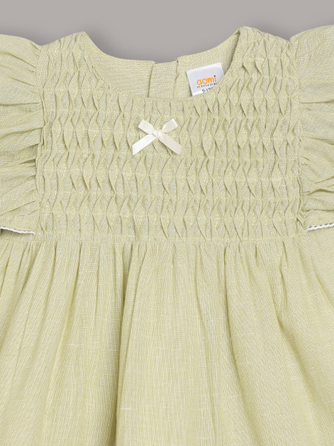 Aomi Cotton Smocked Flutter Sleeve With Bow Detail & Cotton Lining Dress - Green
